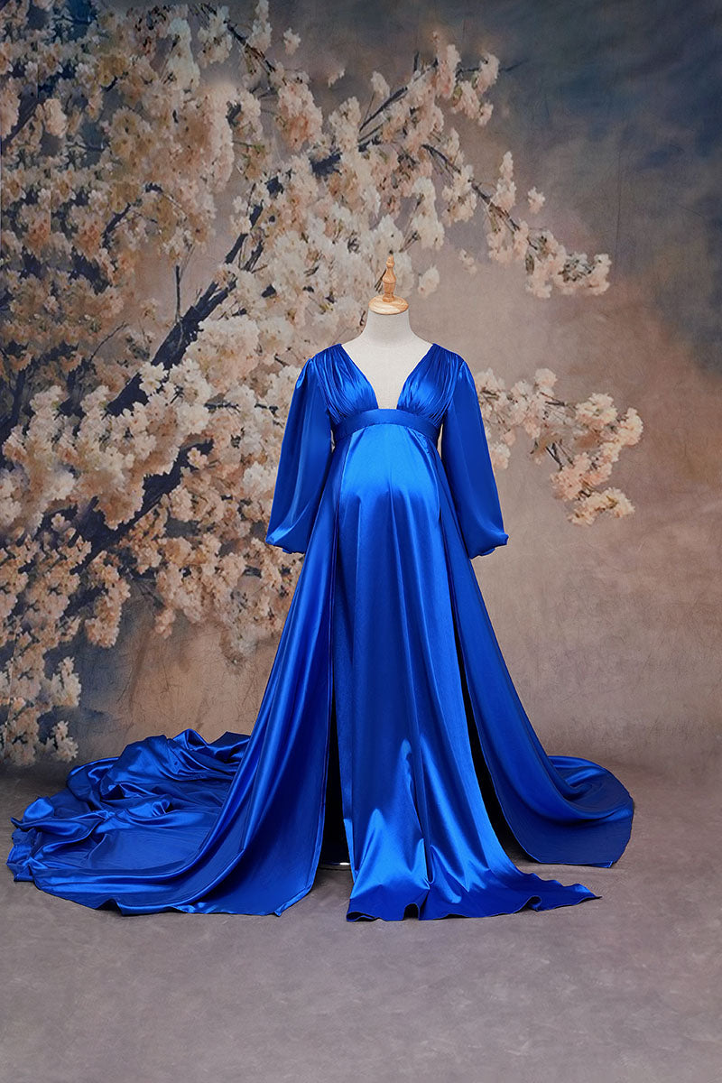  Blue Long Sleeve Satin Maternity Dress Front View