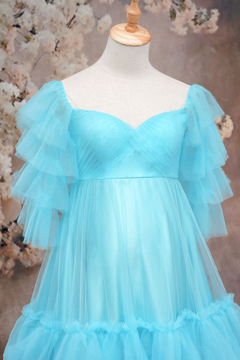 Blue one-shoulder mesh maternity dress front detail photo