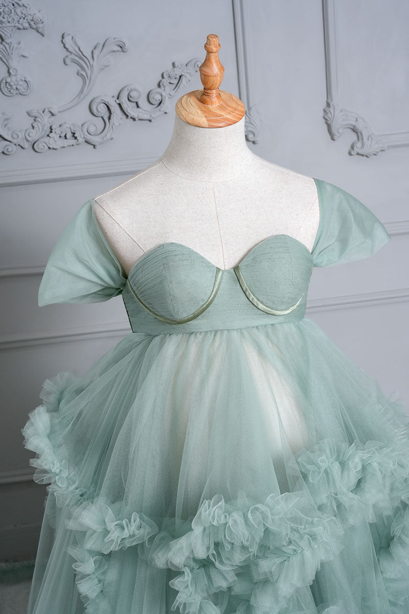 Mint green one shoulder mesh maternity dress front detail shot