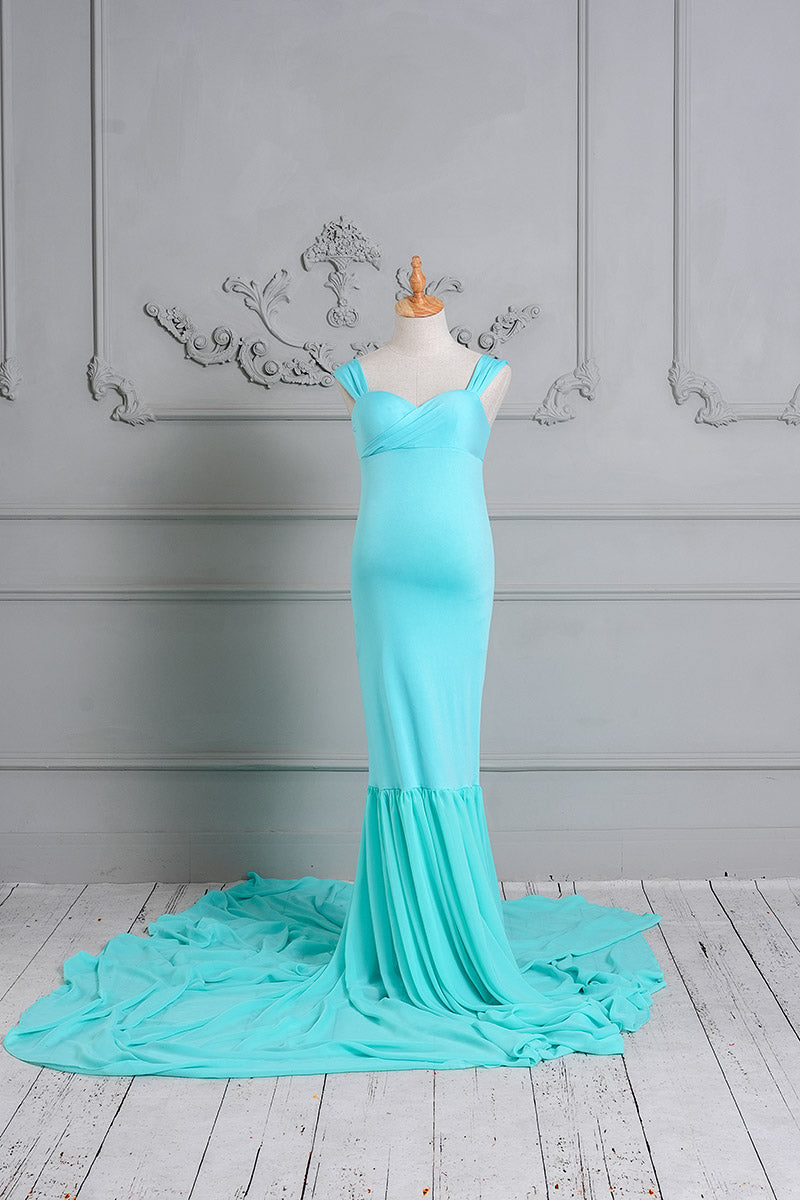 Front view of a sky blue one-shoulder satin maternity dress