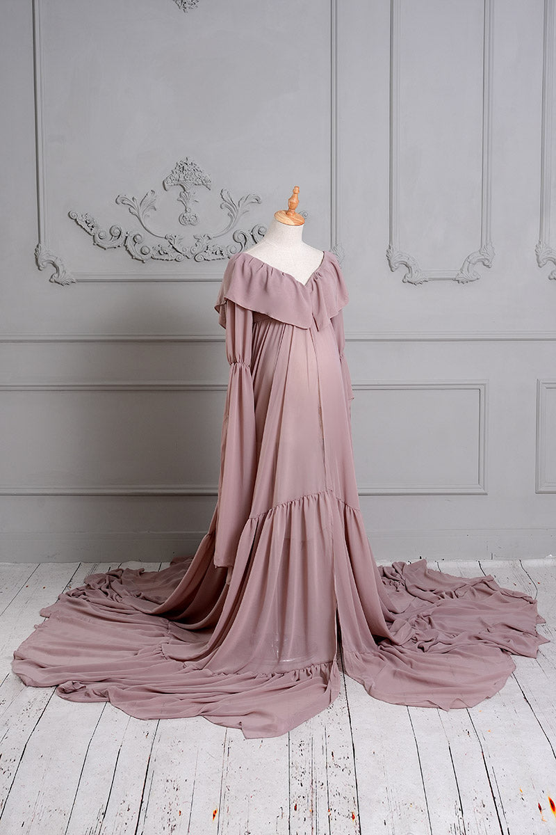 Side view of pink one-shoulder satin maternity dress