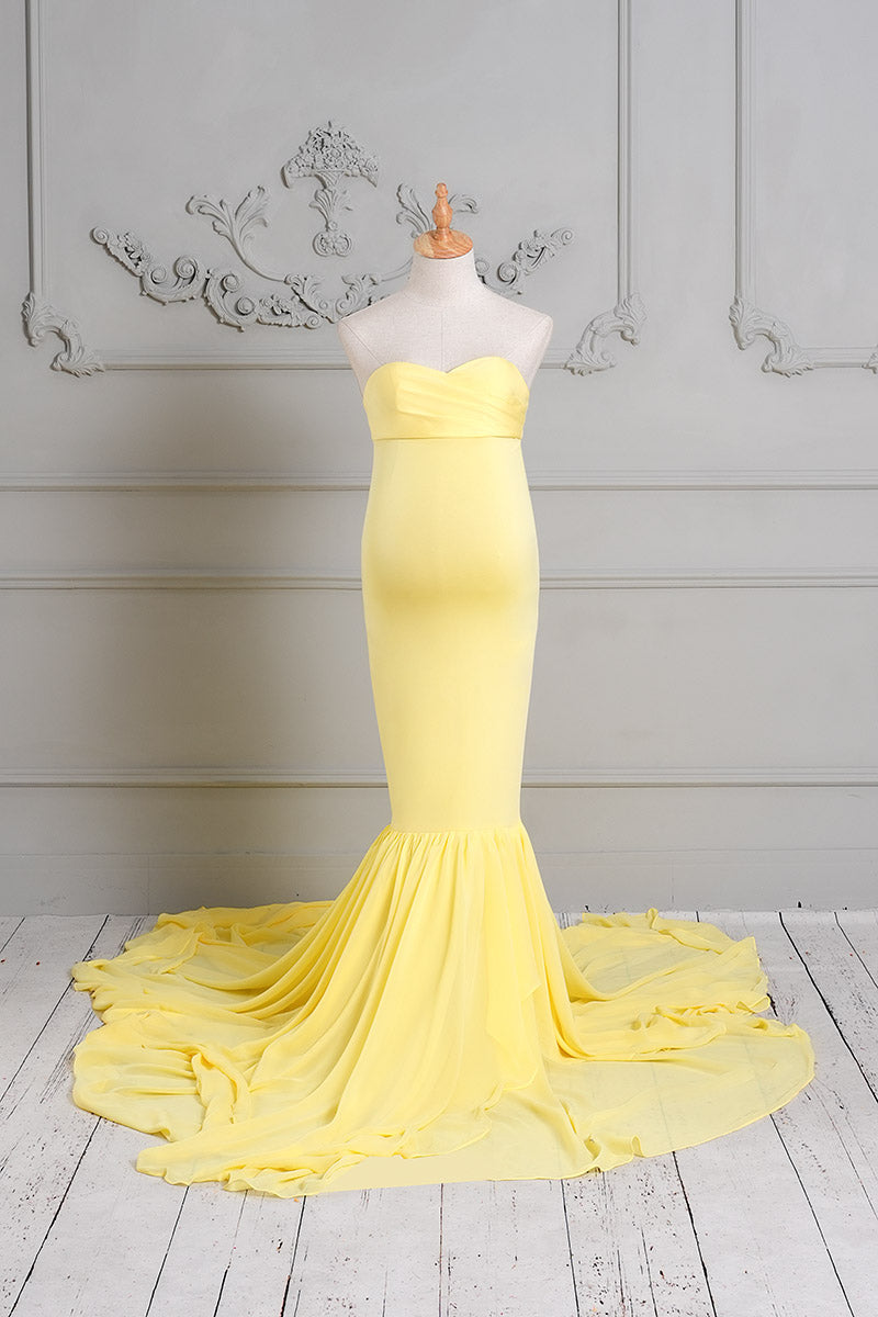 Yellow one-shoulder satin maternity gown front view