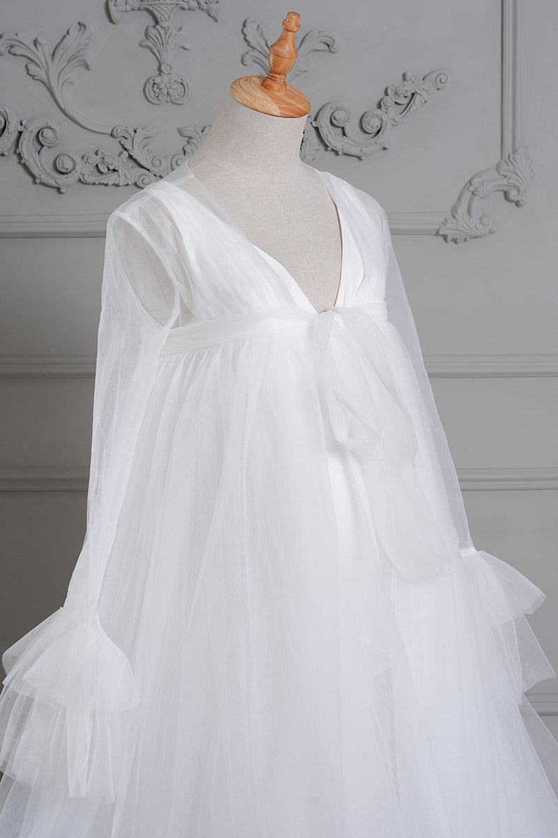  White long sleeve mesh maternity dress side detail shot