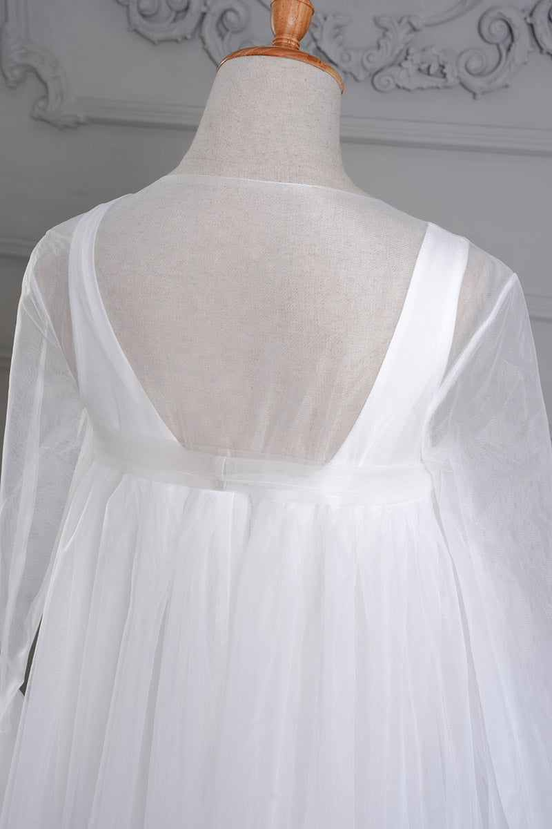  Detail shot of the back of a white long sleeve mesh maternity dress