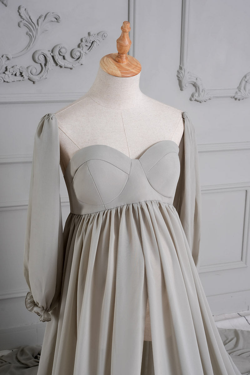 Grey Long Sleeve Satin Maternity Dress Detail