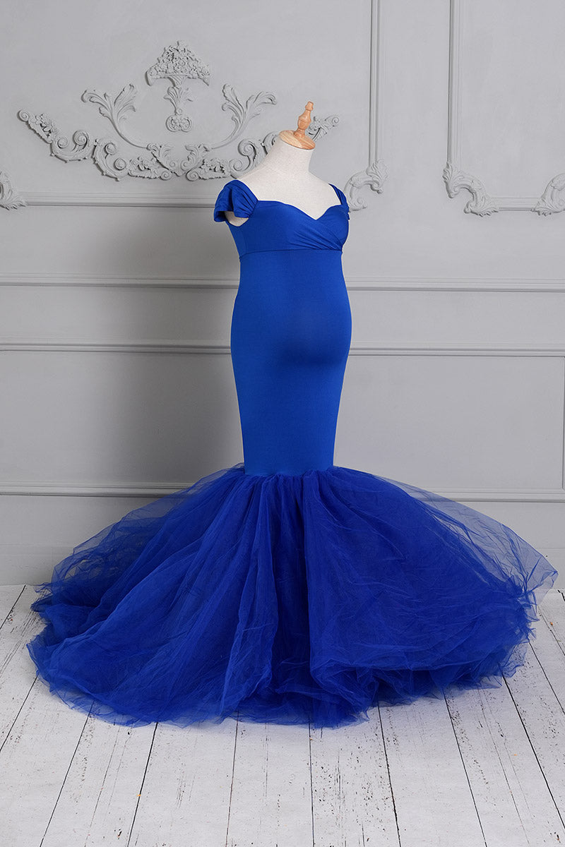  Blue One Shoulder Satin Maternity Dress Side View