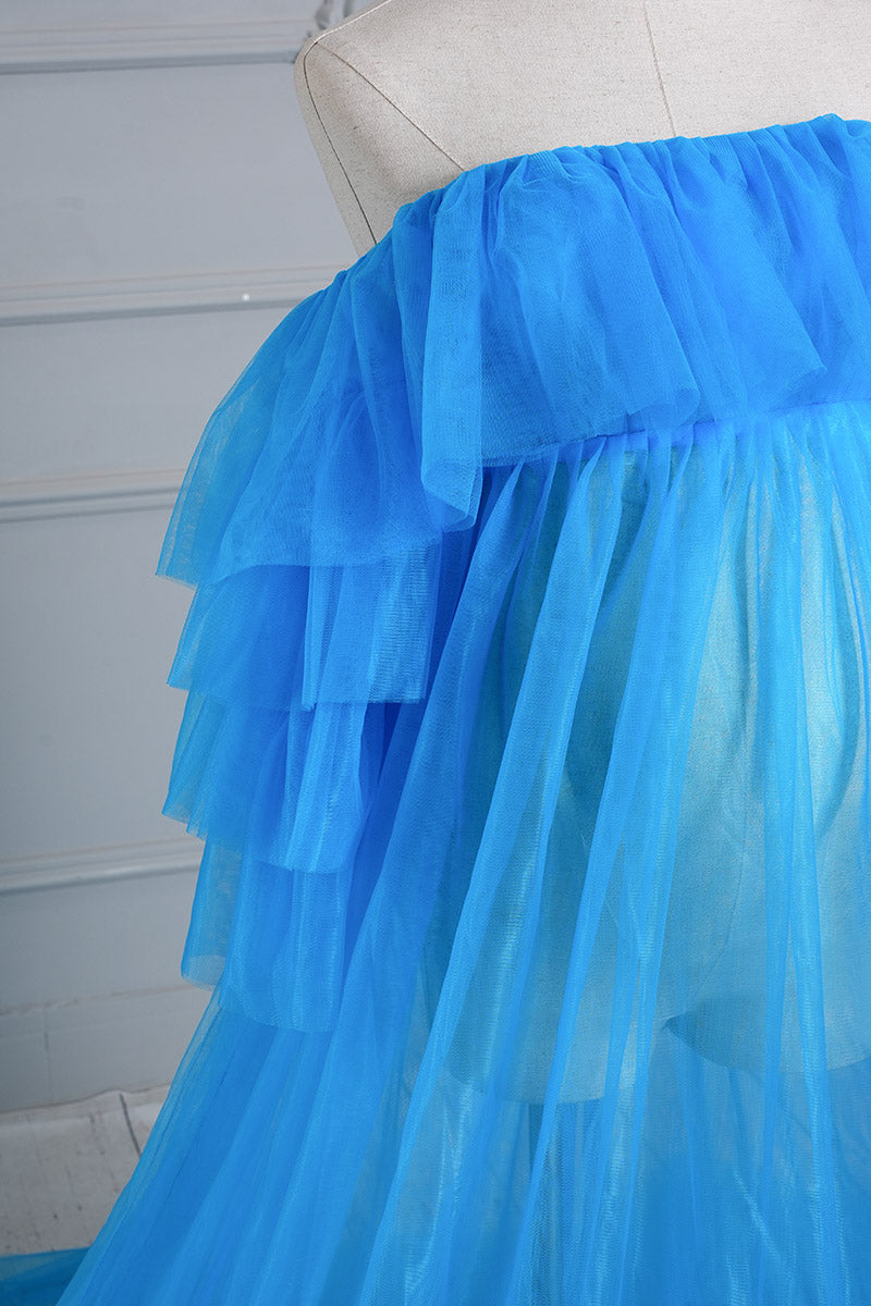 Detail shot of blue tubeless mesh maternity dress