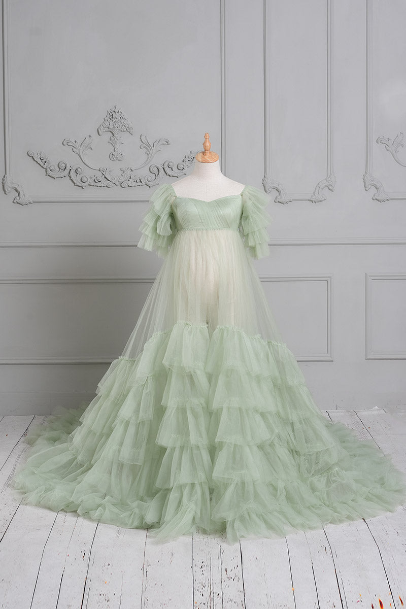 Mint green cake mesh maternity dress front view