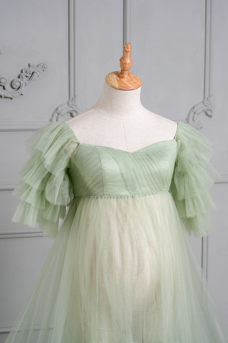 Mint green cake mesh maternity dress front detail photo
