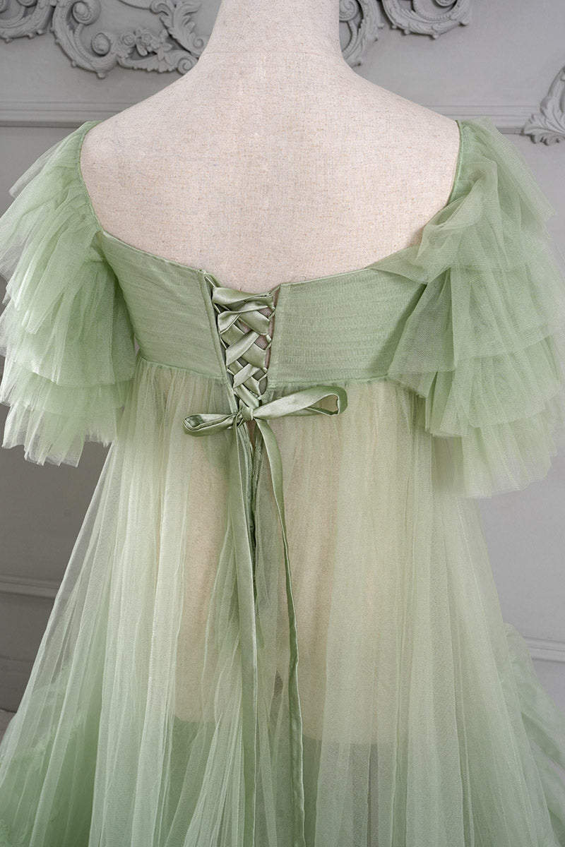 Mint Green Cake Mesh Maternity Dress Detailed Photo from Behind