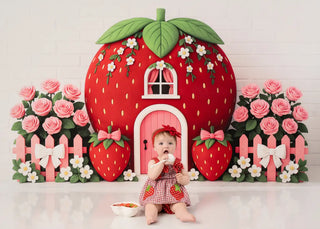 Kate Cake Smash Strawberry House Floral Printed Backdrop Designed by Ashley Paul