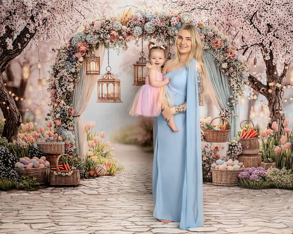 Kate Easter Spring Flower Arch Pastel Eggs Lanterns Garden Pink Printed Backdrop+Cobblestone Floor Printed Backdrop