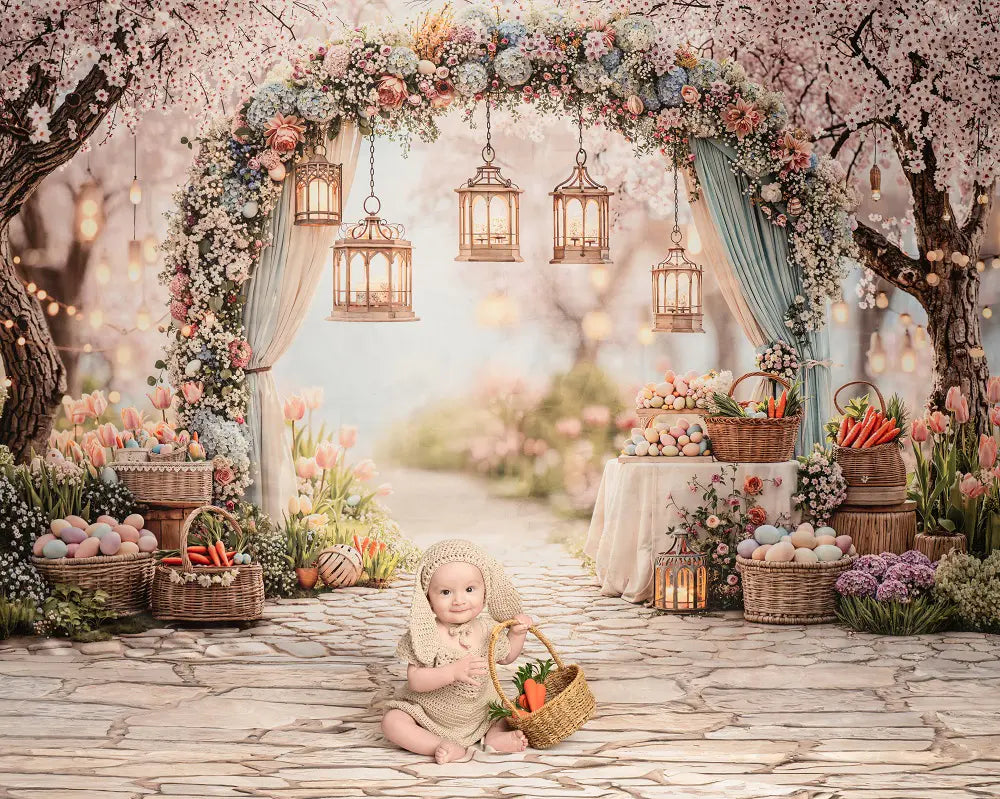 Kate Easter Spring Flower Arch Pastel Eggs Lanterns Garden Pink Printed Backdrop+Cobblestone Floor Printed Backdrop