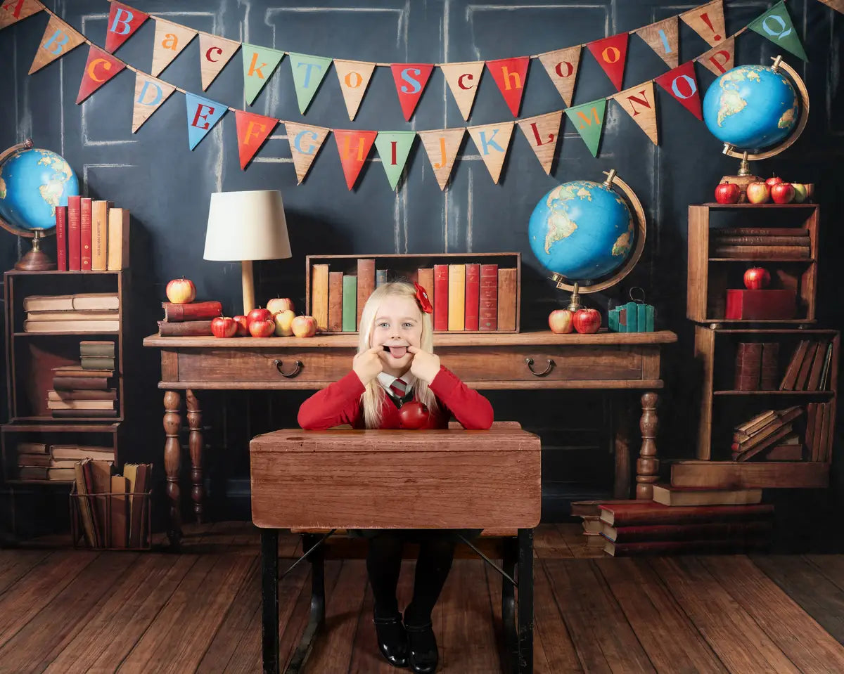 Kate Back to School Globe Books Black Retro Wall Backdrop+Brown Wooden Floor Backdrop