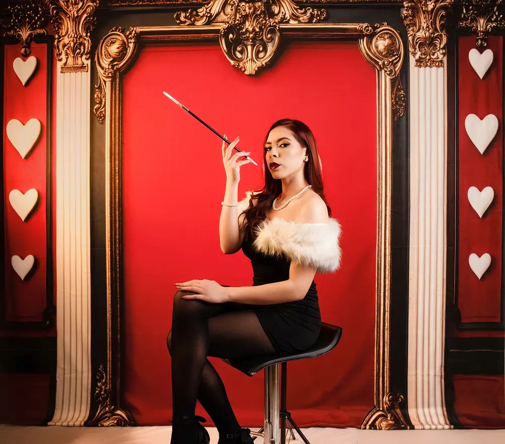 Kate Retro Red Baroque Hearts Columns Gold Frame Wall Backdrop Designed by Emetselch