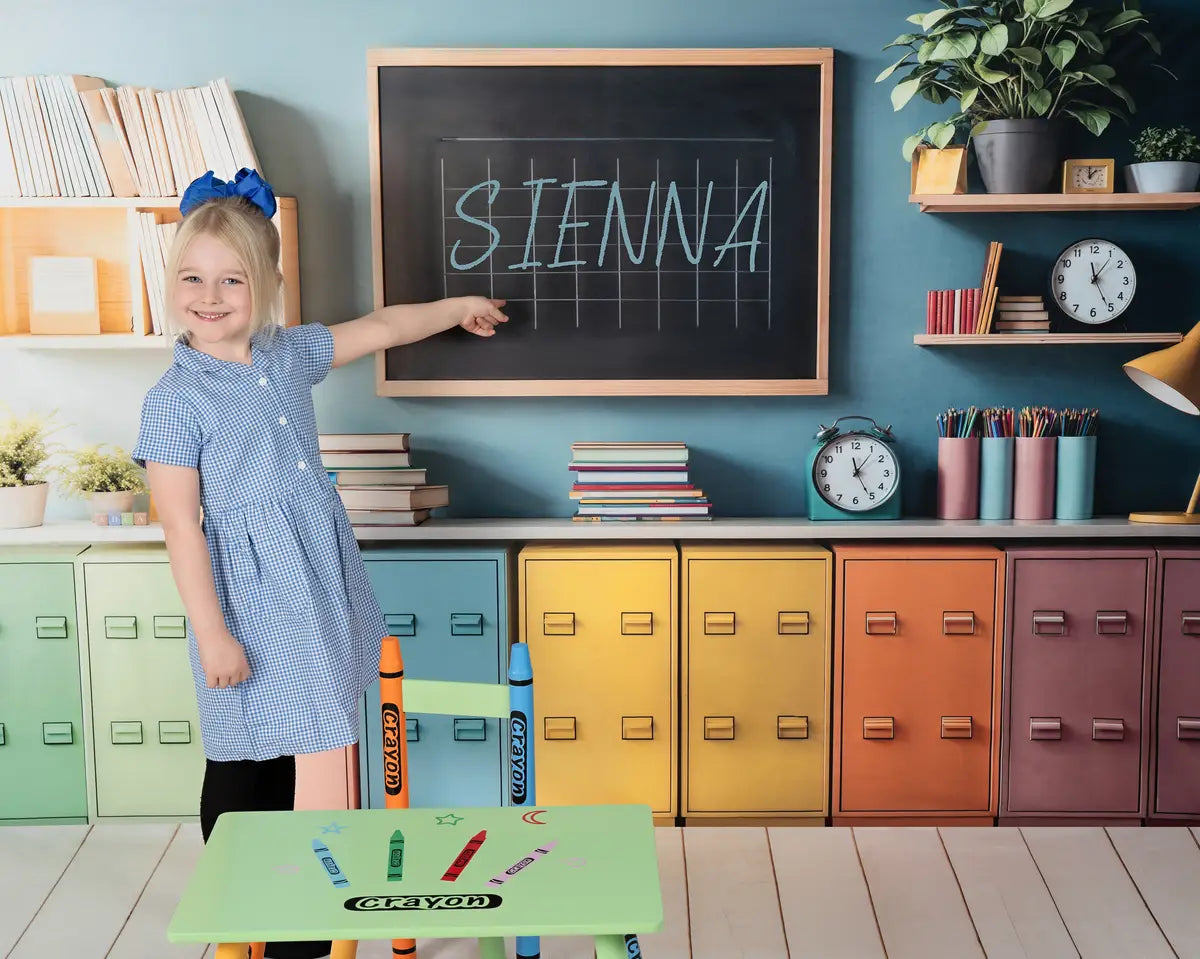 Back to School Kleurrijke Kluisjes Schoolbord Foto Achtergrond+Apricot Houten Vloer Foto Achtergrond Designed by