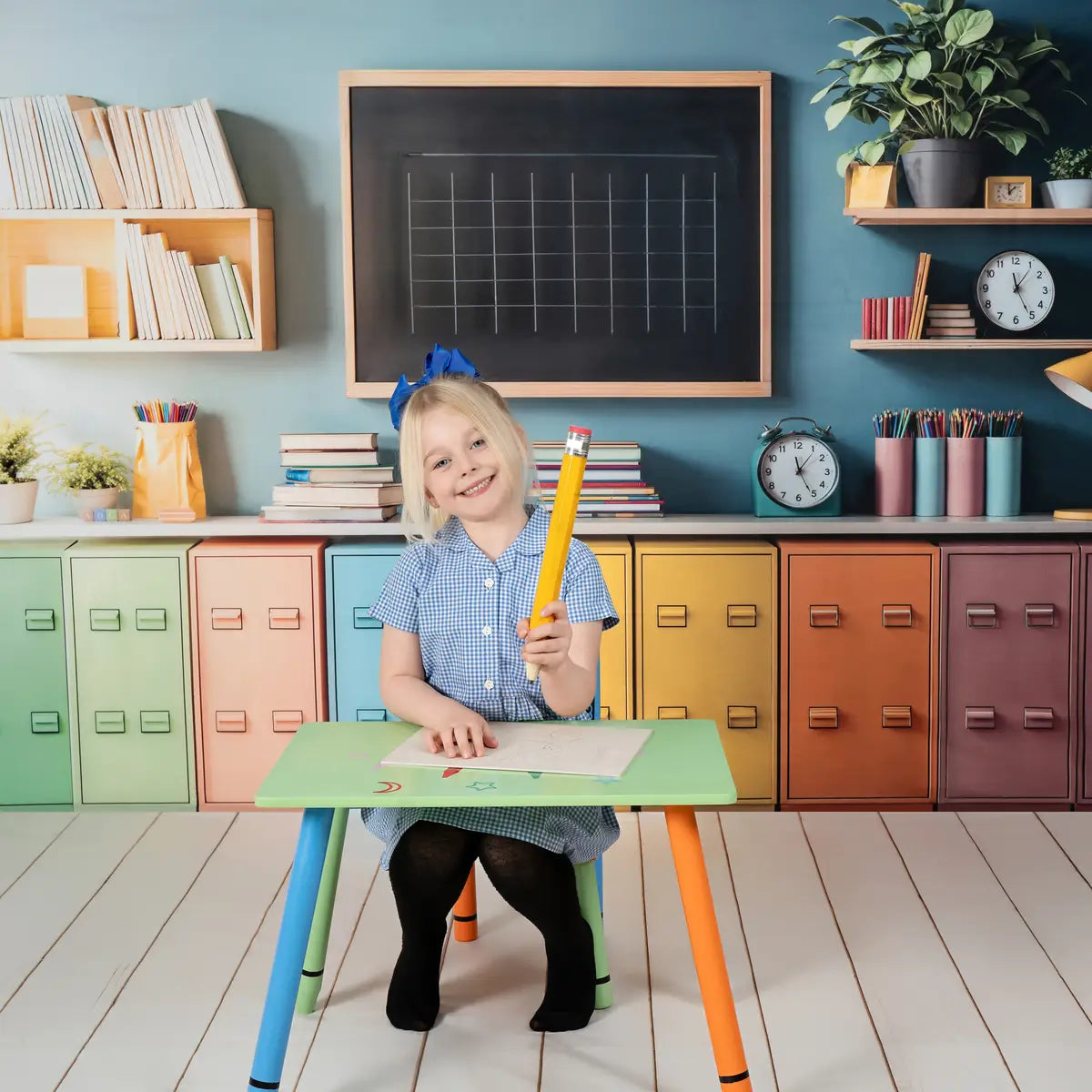 Back to School Kleurrijke Kluisjes Schoolbord Foto Achtergrond+Apricot Houten Vloer Foto Achtergrond Designed by