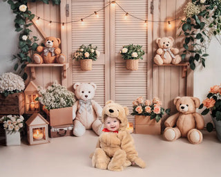 Kate Birthday Indoor Teddy Bear Floral Lantern Printed Backdrop Designed by Emetselch