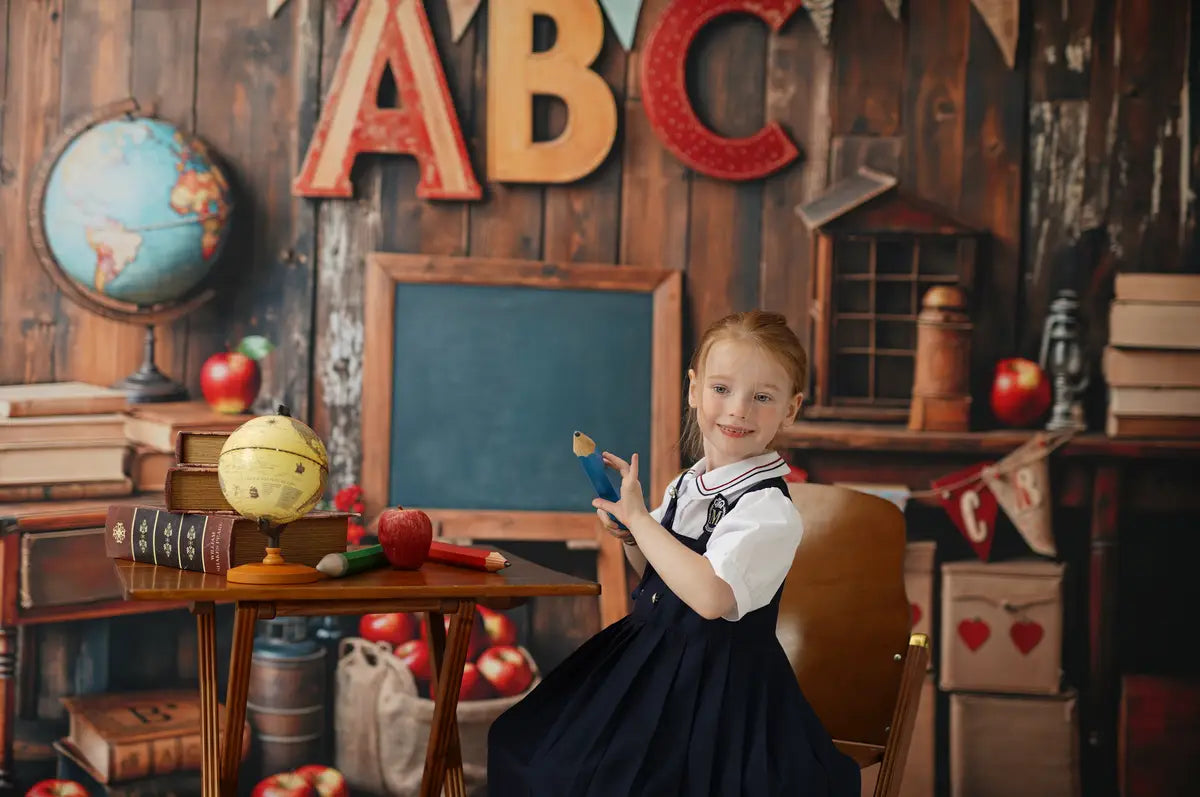 Back to School Globe Vintage Wooden Foto Achtergrond+Rustic Wood Panel Floor Foto Achtergrond Designed by