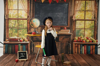 Kate Back to School Classroom Chalkboard Window Bookshelf Printed Backdrop Designed by Emetselch