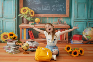 Kate Graduation Chalkboard Vintage Blue Cabinets Printed Backdrop Designed by Emetselch
