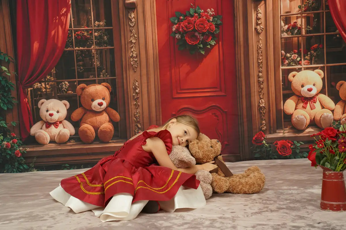 Kate Retro Arch Wooden Teddy Bear Roses Door Backdrop Designed by Emetselch