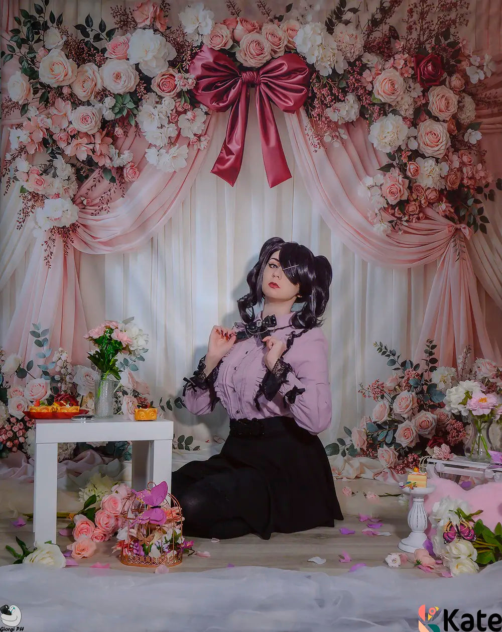 Kate Mother's Day Flower Arch Pink Drapes Roses Bow Printed Backdrop Designed by Emetselch