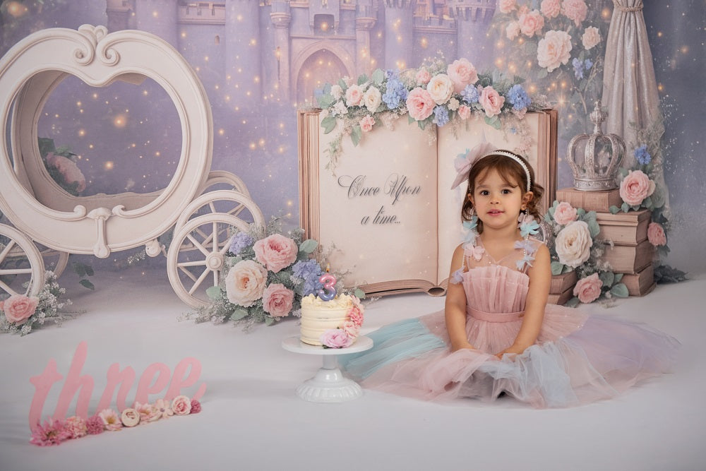 Kate Cake Smash Princess Castle Book Carriage Floral Backdrop Designed by Ashley Paul