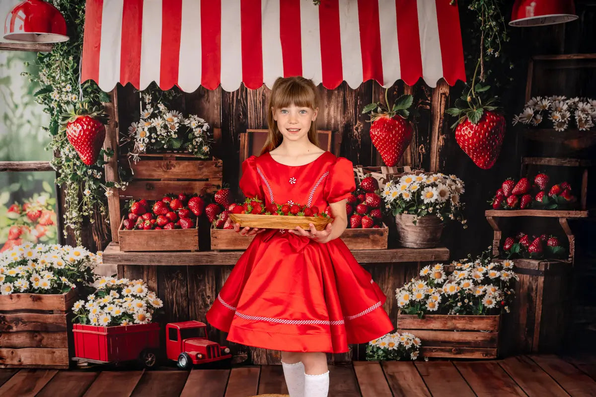 Spring Strawberry Market Floral Wood Foto Achtergrond+Brown Old Wooden Floor Backdrop