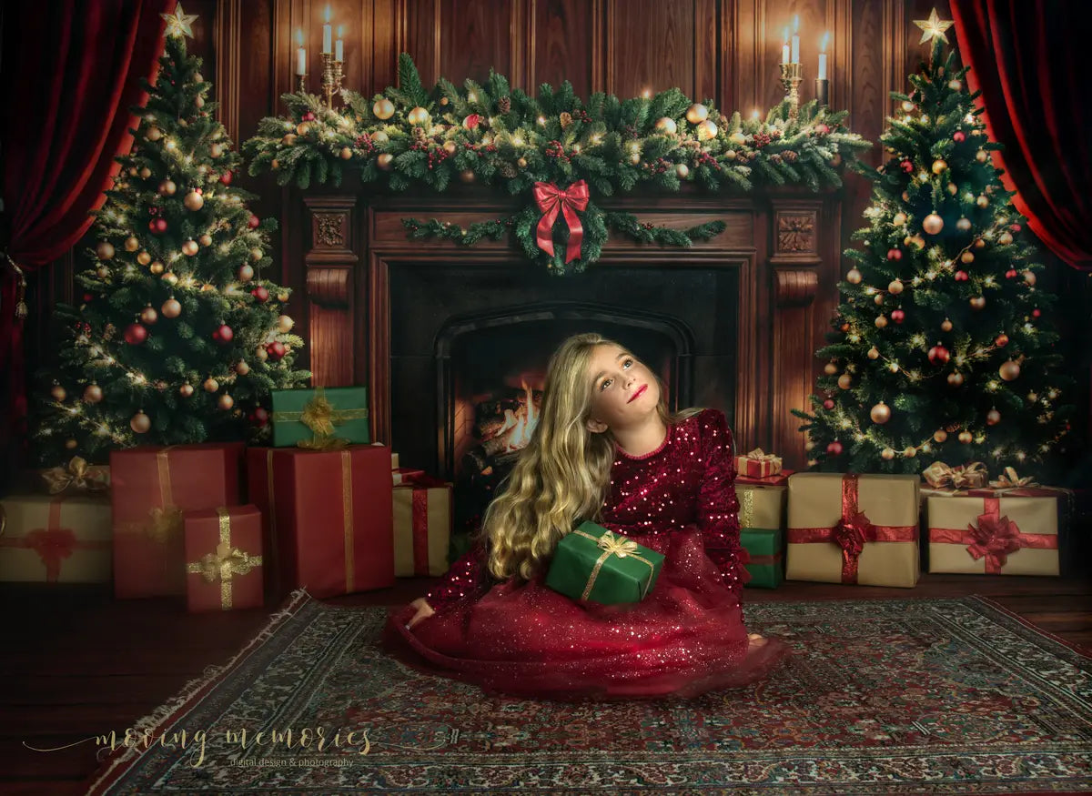 Kate Christmas Fireplace Tree Brown Retro Wall Backdrop+Brown Wood Texture Floor Backdrop