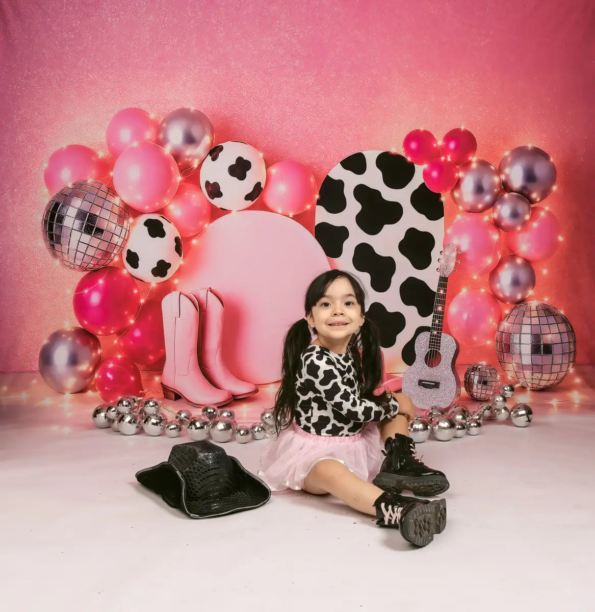 SALE Kate Birthday Cowgirl Pink Balloon Guitar Disco Backdrop Designed by Ashley Paul