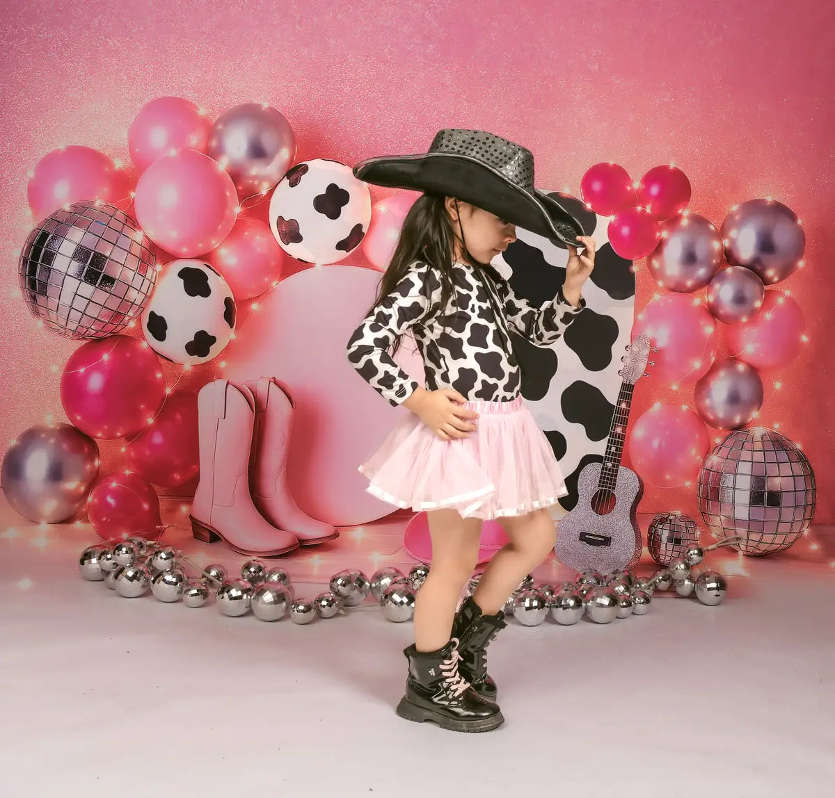 SALE Kate Birthday Cowgirl Pink Balloon Guitar Disco Backdrop Designed by Ashley Paul