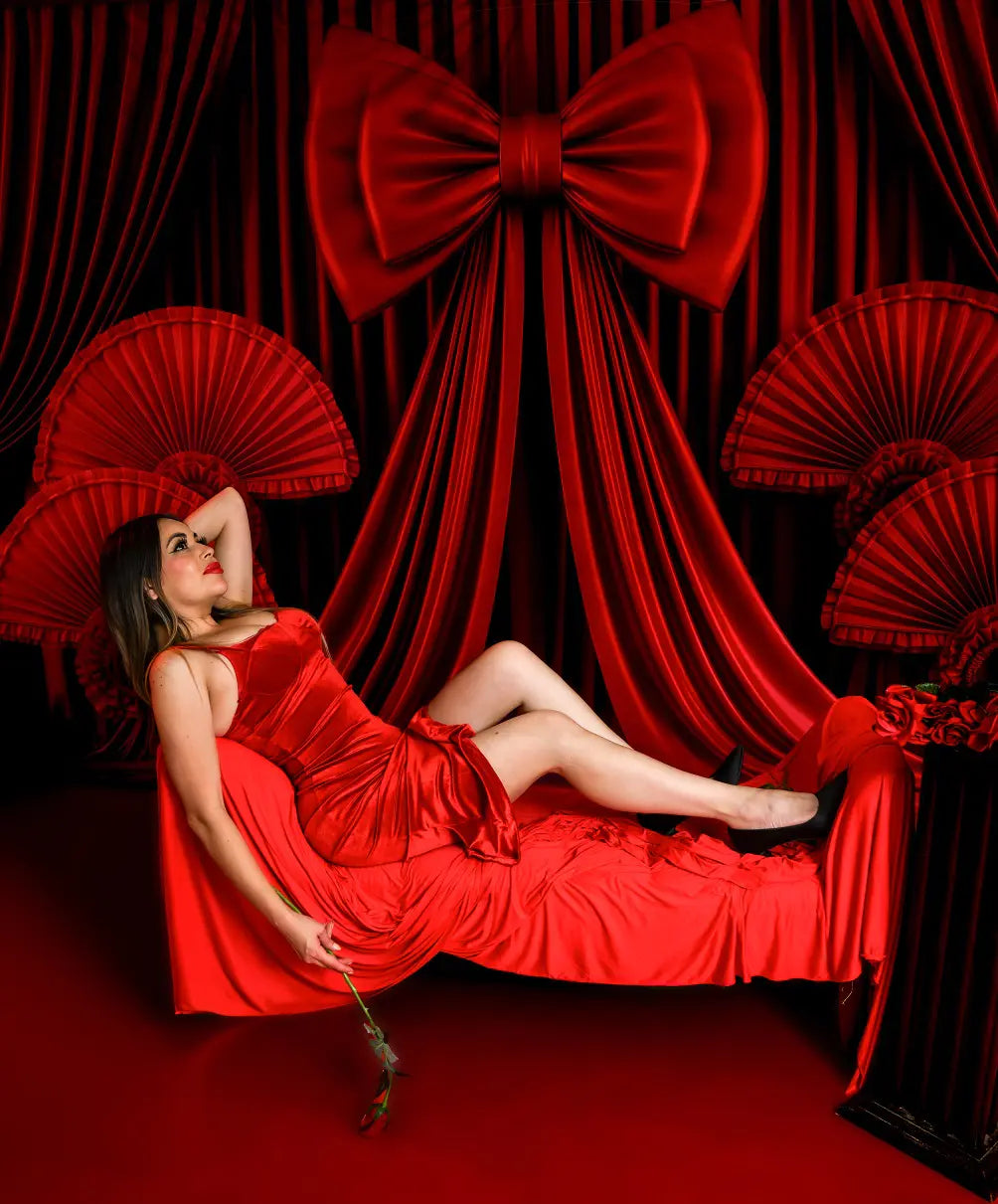 Kate Red Curtain Bow Drapes Fans Backdrop Designed by Patty Roberts