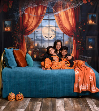 Kate Halloween Night Bat Orange Curtain Black Framed Window Printed Backdrop Designed by Emetselch