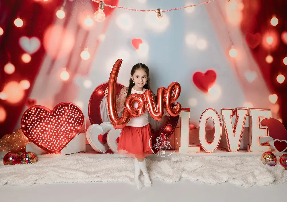 Kate Valentines Red Hearts LOVE Bokeh Lights Backdrop Designed by Emetselch