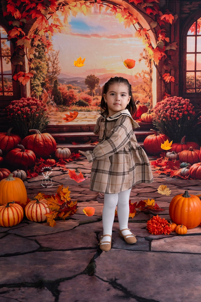 Fondo de arco de calabaza del bosque al atardecer de otoño + fondo de piso de piedra marrón