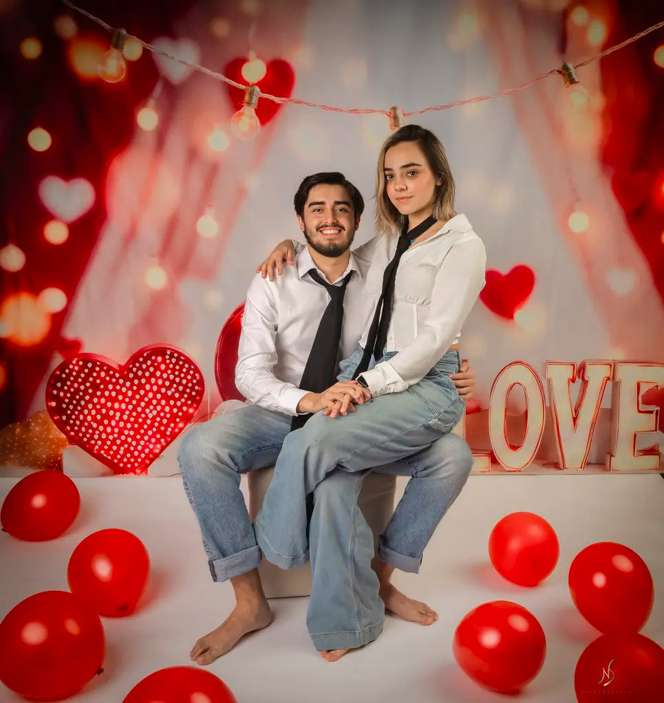Kate Valentines Red Hearts LOVE Bokeh Lights Backdrop Designed by Emetselch