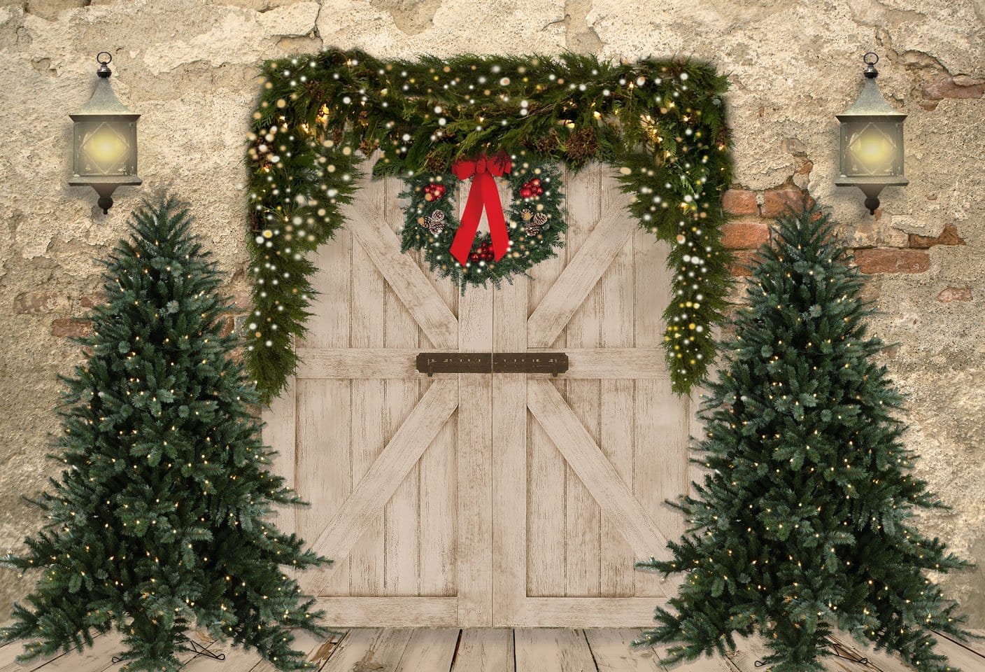 RTS Kate Christmas Backdrop Brick Wall Door & Xmas Trees Designed By JS Photography (Clearance US only)