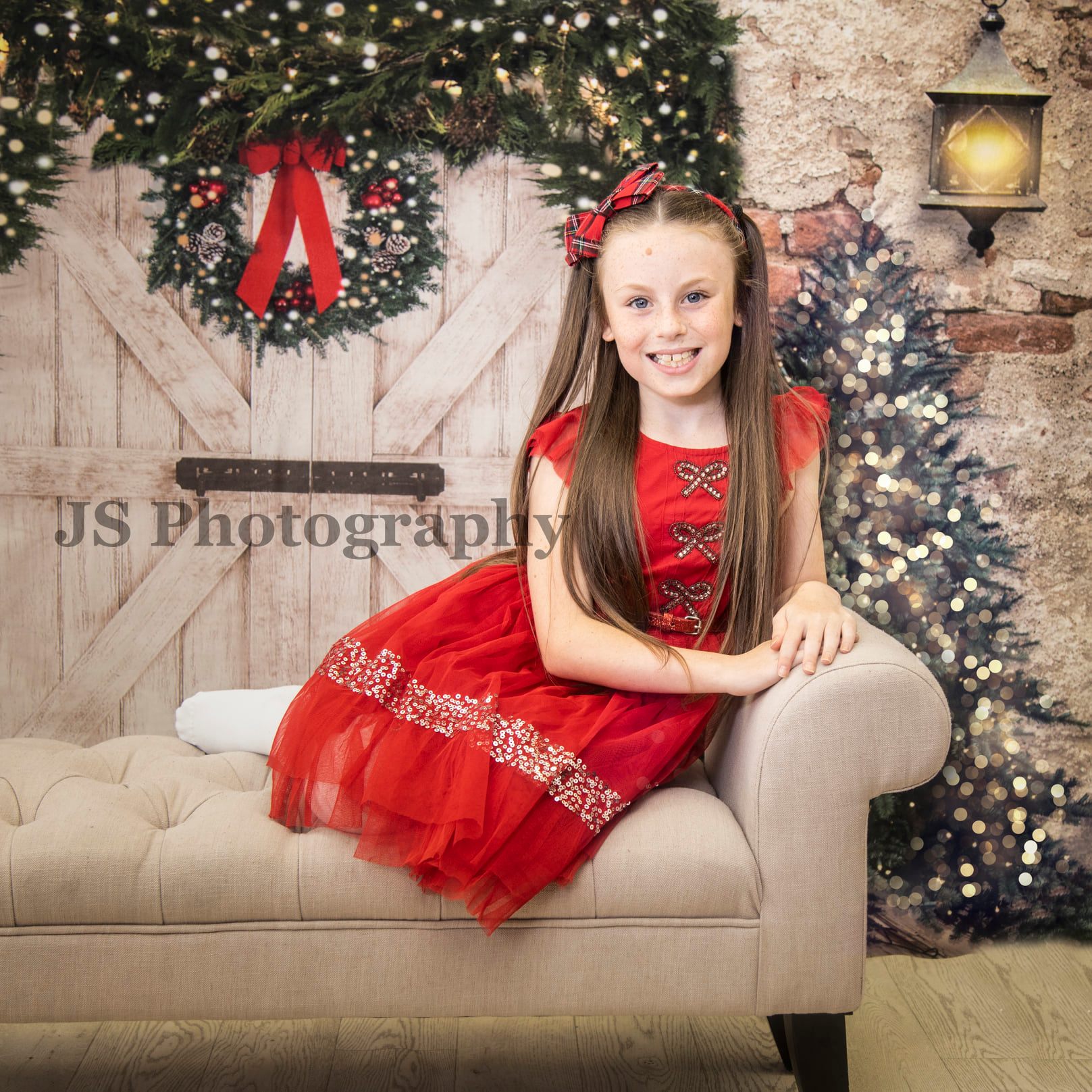 Kate Christmas Backdrop Brick Wall Door & Xmas Trees Designed By JS Photography (only ship to Canada)