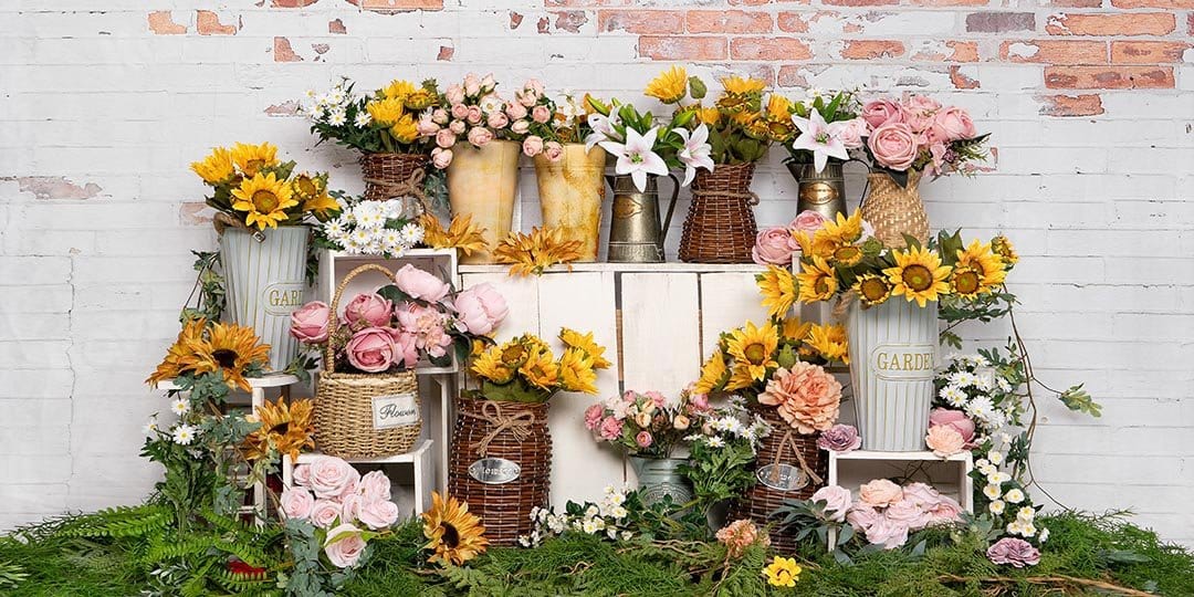 RTS Kate Spring Flower Shop Sunflower Brick Wall Backdrop Designed by Emetselch