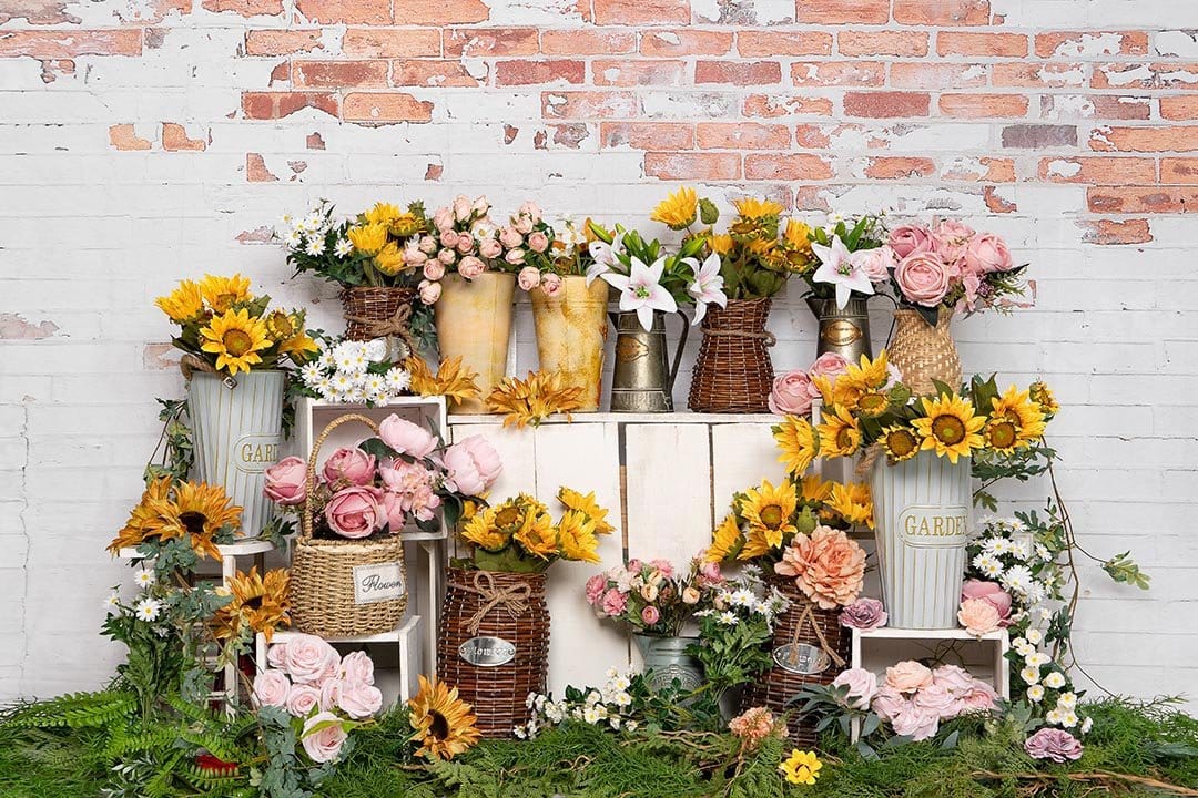 RTS Kate Spring Flower Shop Sunflower Brick Wall Backdrop Designed by Emetselch