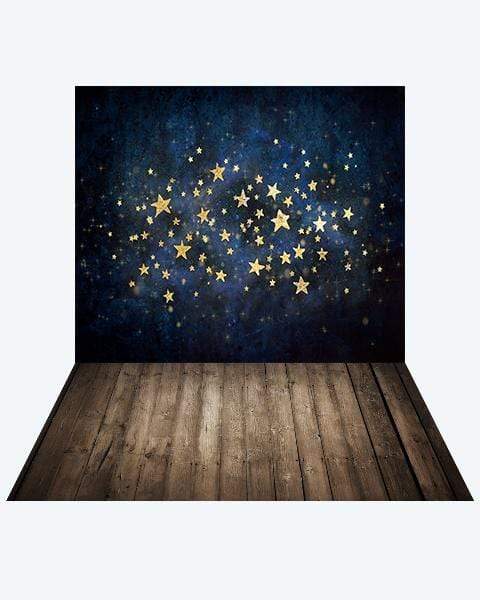 Kate Night Sky with Gold Stars Children Backdrop + Dark Wood Rubber Floor Mat