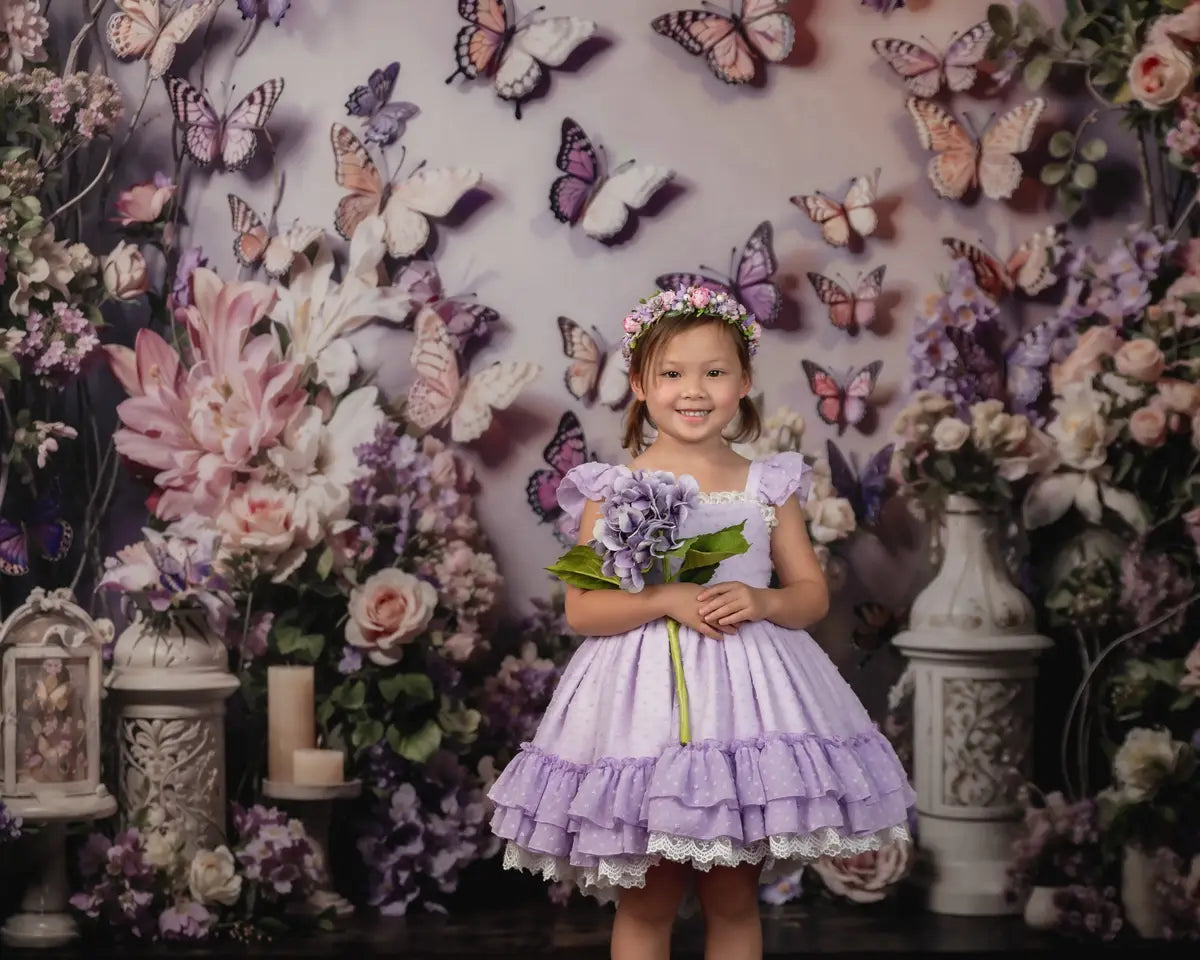 Kate Spring Pink and Purple Flowers Butterfly Wall Backdrop Designed by Emetselch
