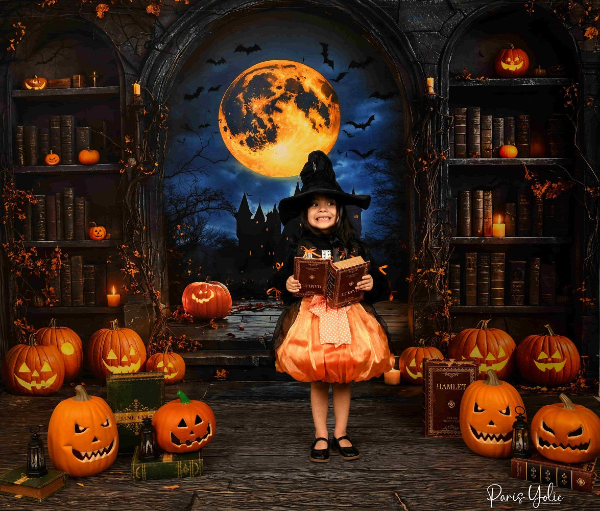 Kate Halloween Pumpkin Moon Vintage Bookshelf Backdrop Designed by Emetselch