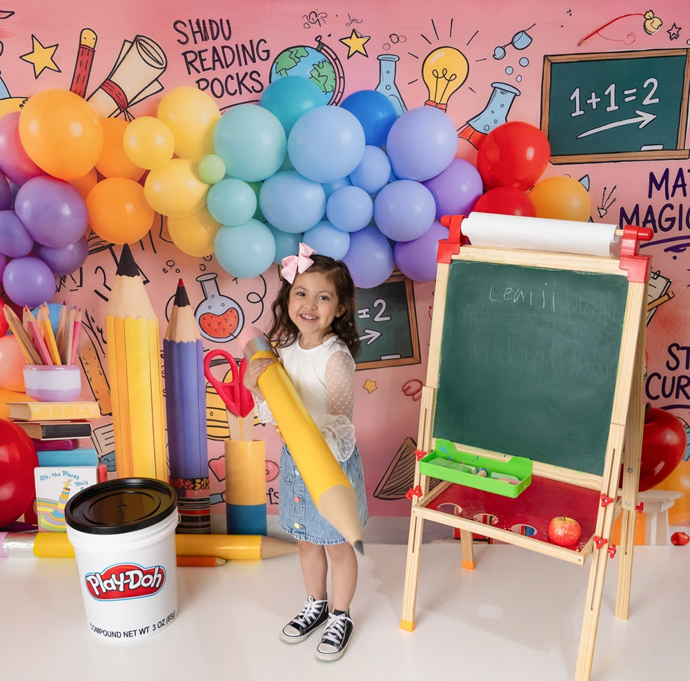 Kate Back to School Rainbow Balloon Pencil Apple Books Printed Backdrop Designed by Emetselch