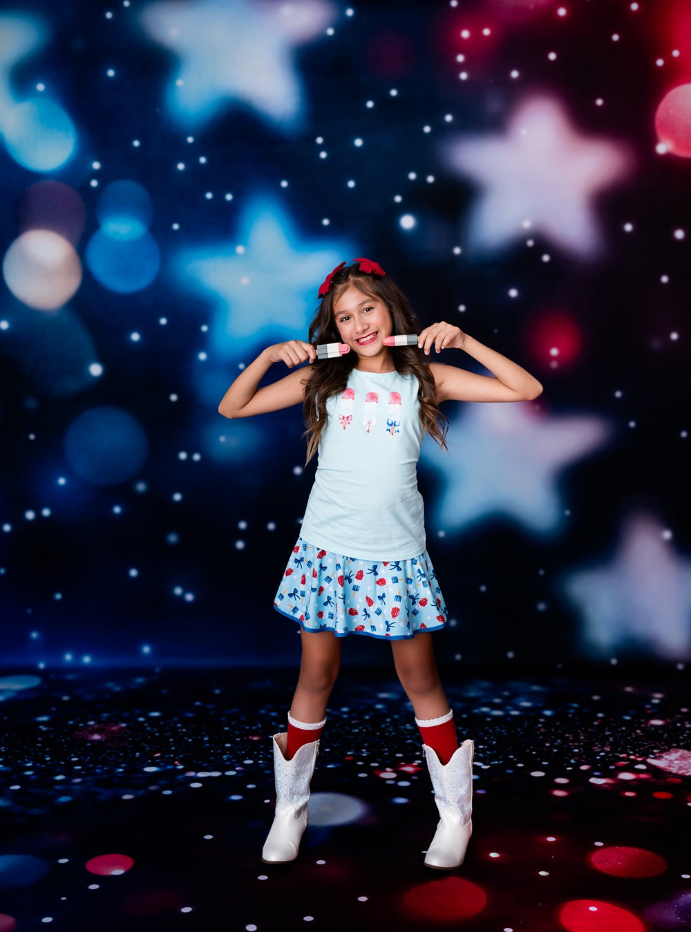 Kate 4th of July Red Blue Star Bokeh Printed Backdrop Designed by Chain Photography