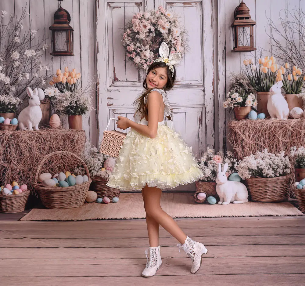 Kate Easter Bunny Rustic Door Flowers Baskets Backdrop+Light Brown Wood Plank Floor Backdrop