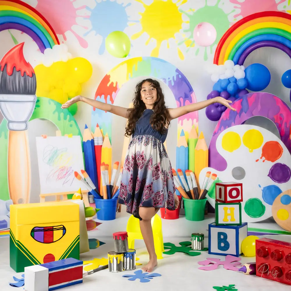 Kate Birthday Rainbow Paint Splatter Art Palette Paintbrush Printed Backdrop Designed by Patty Roberts