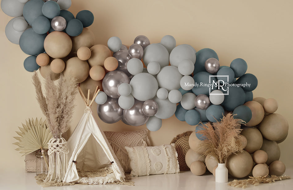Kate Boho Balloons Tent Fleece Backdrop Matte Blue Designed by Mandy Ringe Photography