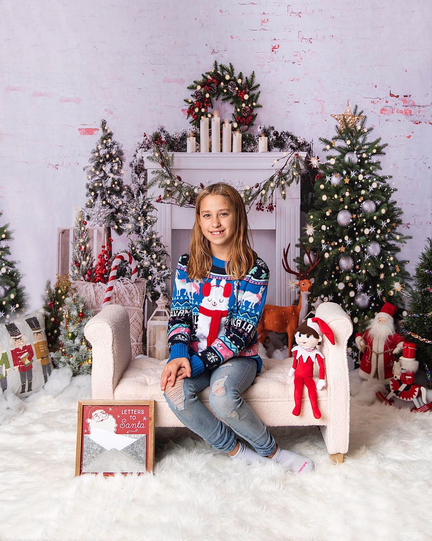 Kate Christmas Tree Elk Brick Fireplace Backdrop Designed by Emetselch (only ship to Canada)